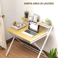 Scrivania Pieghevole con Ripiano Rialzato e Gambe a X, in Legno e Acciaio, 86x66x82 cm, Bianco e color Legno