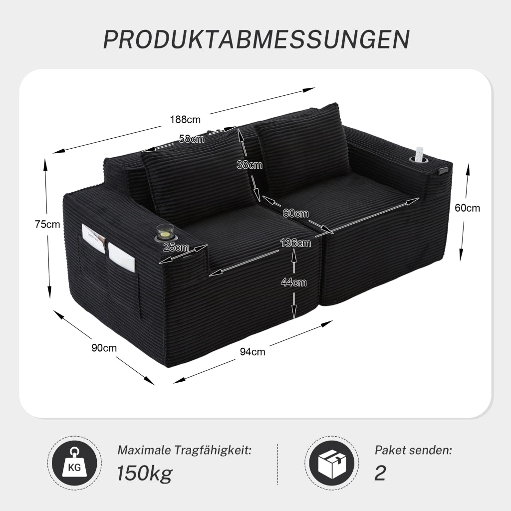 Divano modulare a 2 posti in velluto a coste con portabicchieri e tasche laterali nero per soggiorno 188 × 90 × 75 cm