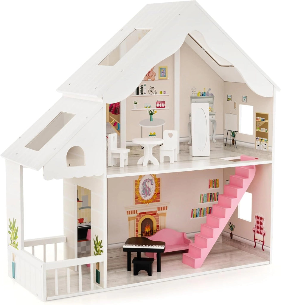 Casa delle Bambole in Legno per Bambini, Casetta delle Bambole con Stanze e Set di Mobili, 2 Grandi Lucernari e Carta da Parati, Regalo per Bambini 3+ Anni