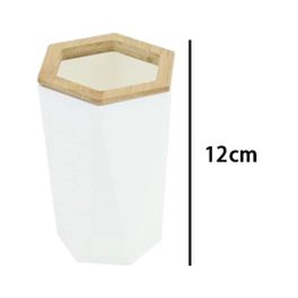 Trade Shop - Bicchiere Porta Spazzolini A Cilindro Esagonale Geometrico Bianco Legno Da Bagno 10837 -
