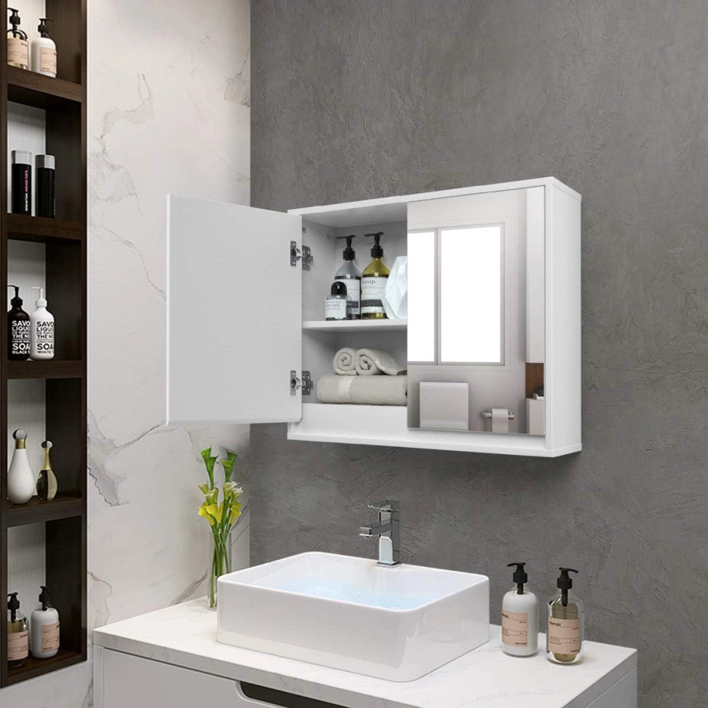 Armadietto Bagno a Parete con 2 Ante di Specchio, Mobiletto Specchio Bagno con 2 Ripiani di Stoccaggio, 65x11x62 cm, Bianco (56x14x45 cm)
