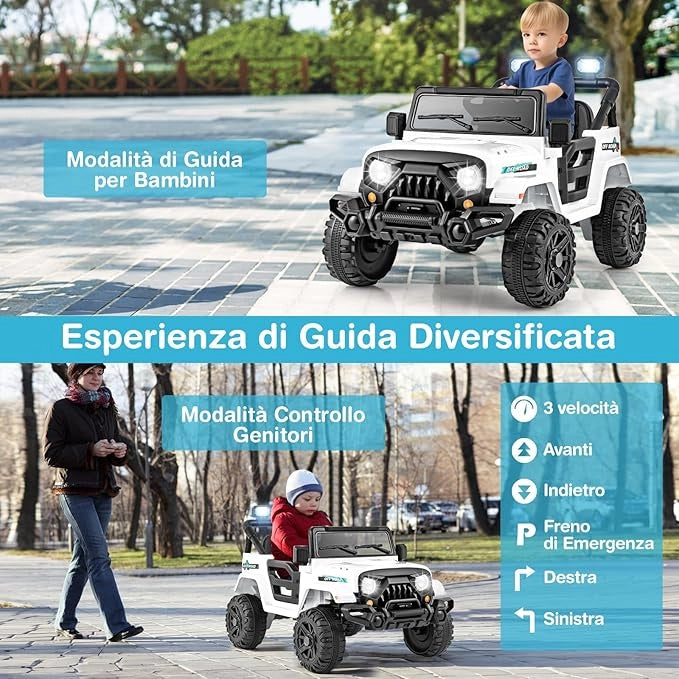 12V Macchina Elettrica per Bambini, Auto con Telecomando Luci LED Musica Clacson, 3 Velocità e 2 Motori, Veicolo Elettrico per Bambini 3+ Anni (Bianco)