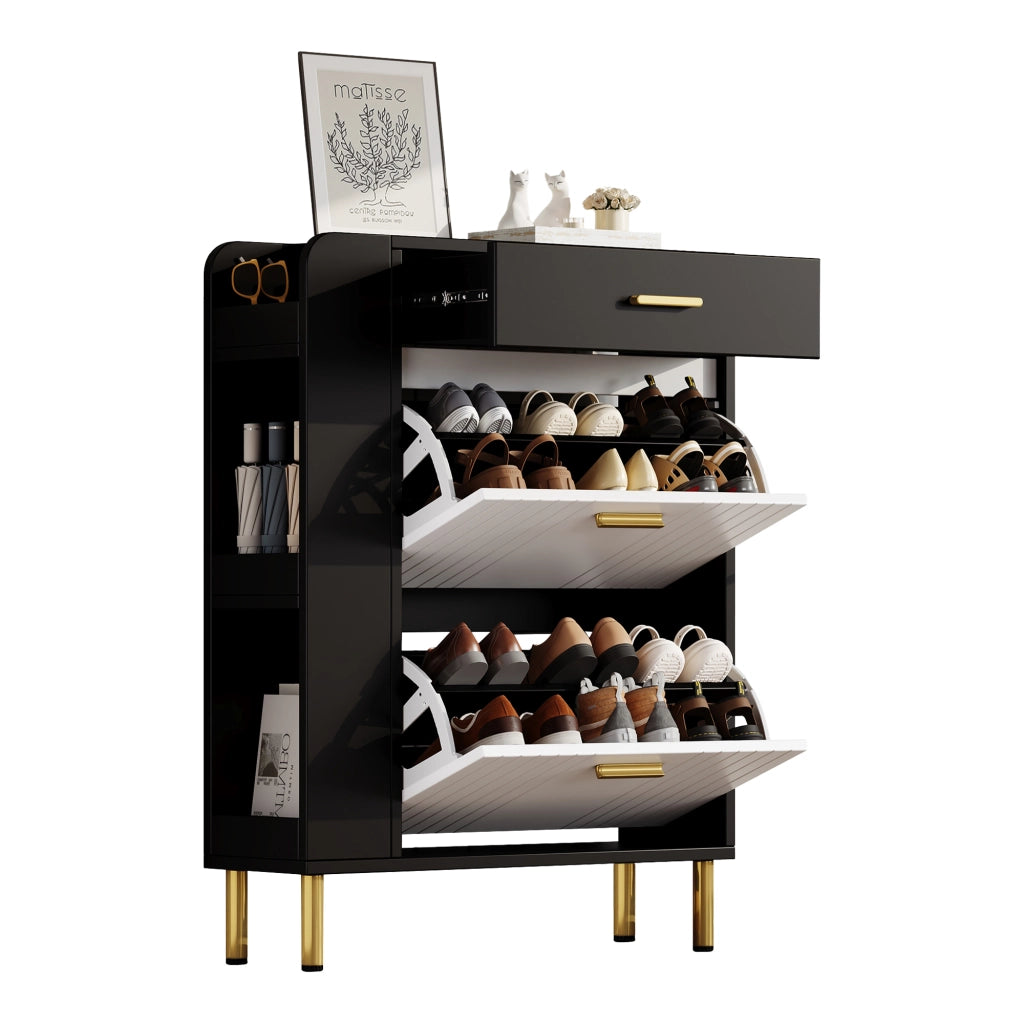 Scarpiera stretta con 2 ante ribaltabili 1 cassetto e 3 vani aperti in MDF e truciolare bianco nero 80 × 24 × 105 cm