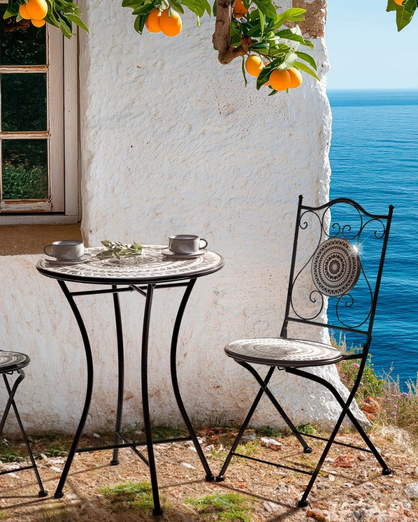 Set di 2 sedie pieghevoli da giardino in metallo con piastrelle in ceramica bianche e nere giardino esterno