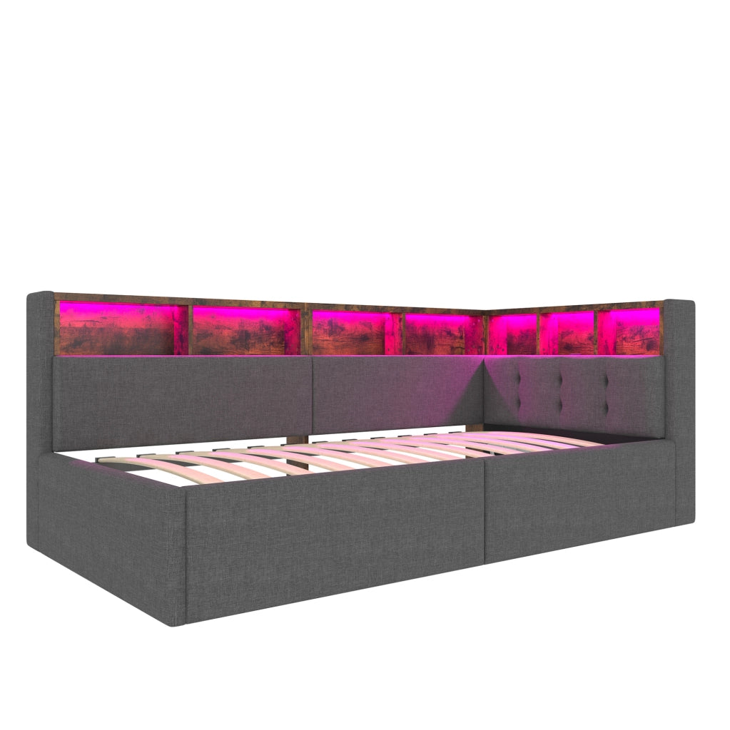 Daybed 90x200 cm grigio con LED, USB-C, vano idraulico e contenitori