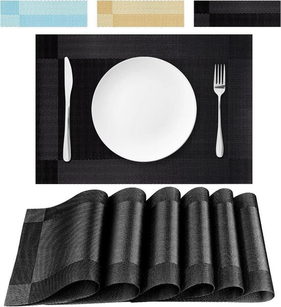 Placemat PVC, lavabile, 6 pezzi, antiscivolo, lavabile, termoresistente, tessuto per placemati da cucina, 45 x 30 cm, lavabile, placemati eleganti di PVC, nero