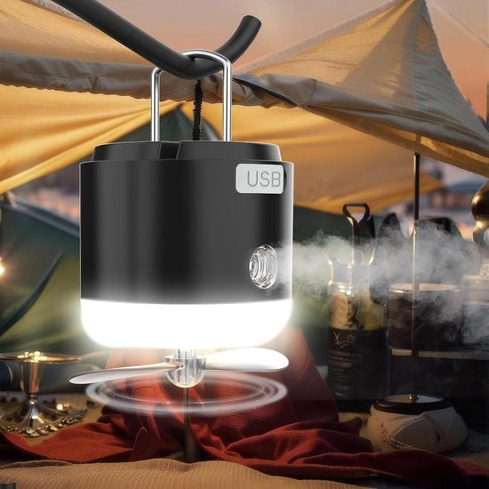 Lampada da Campeggio con USB e Spray Anti Zanzare - 4 Impostazioni di Luce + Ventilatore di Raffreddamento - 1200mAh - Impermeabile
