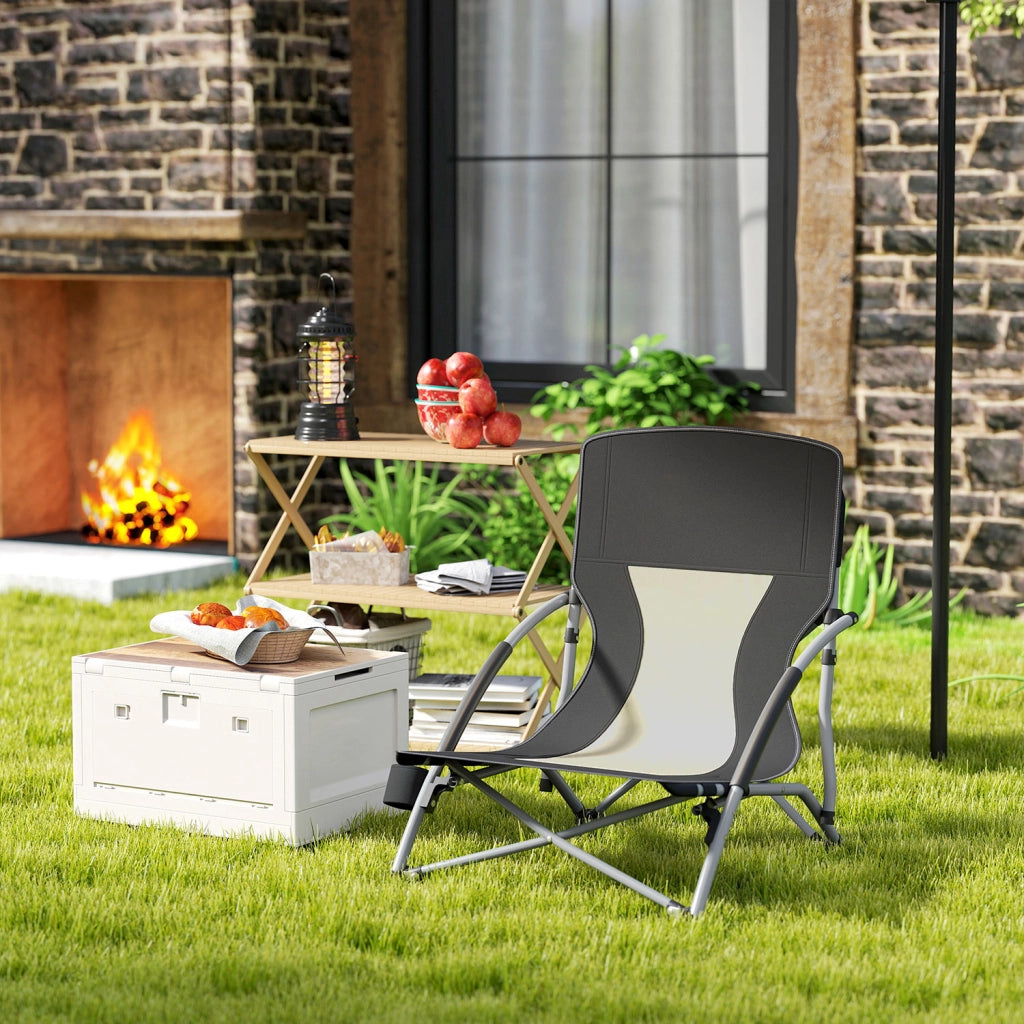 Sedia da Spiaggia Pieghevole 58x55x62 cm con Schienale a Rete e Portabicchieri in Metallo e Tessuto Oxford Nero