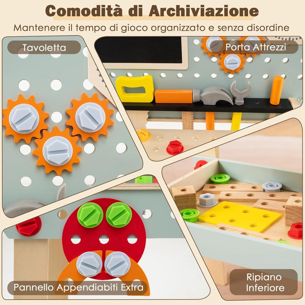 Set di Attrezzi per Bambini, Banco da Lavoro in Legno con Set di Attrezzi e Orologio Incantevole, Tavolo Realistico per Bambini e Bambine dai 3 Anni in Su