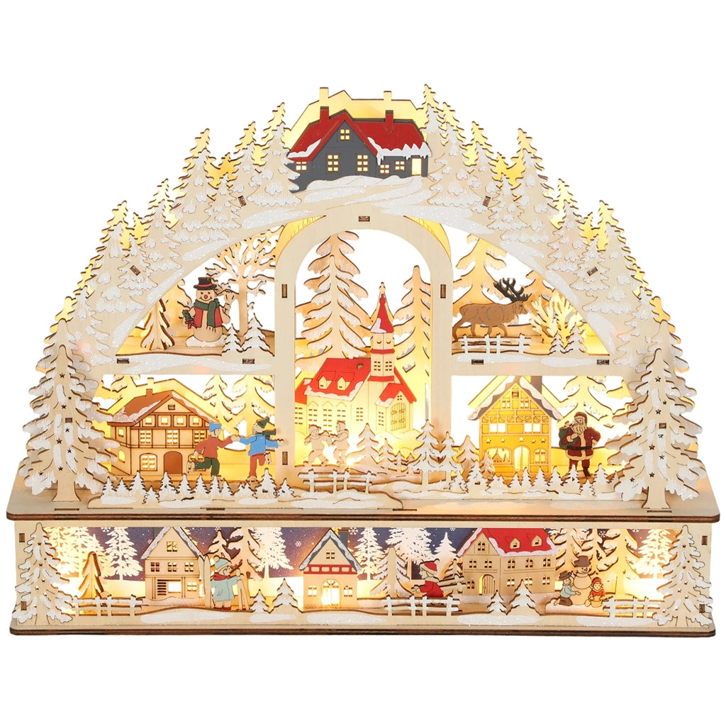 Villaggio di Natale animato in legno naturale ad arco, con 20 LED a batteria, decorazione natalizia per casa, 45 x 10 x 35 cm