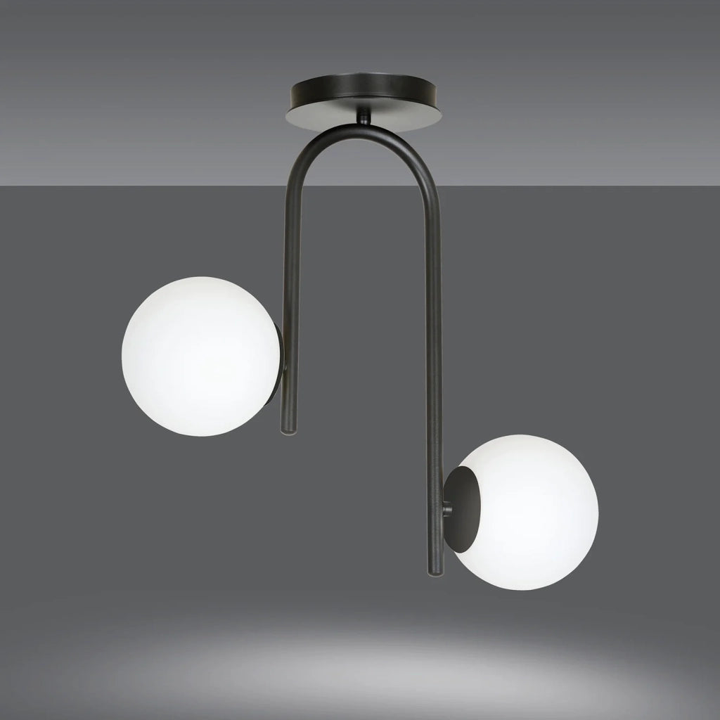 Lampadario 2 Luci Rama In Acciaio Nero A Bracci E Sfere In Vetro Opalino