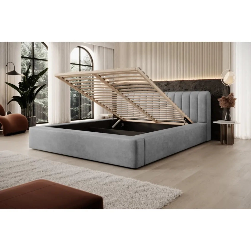 Lit coffre CERVIN – Velluto morbido Perla di cemento – 180x200 cm – Rete sollevabile – Design contemporaneo