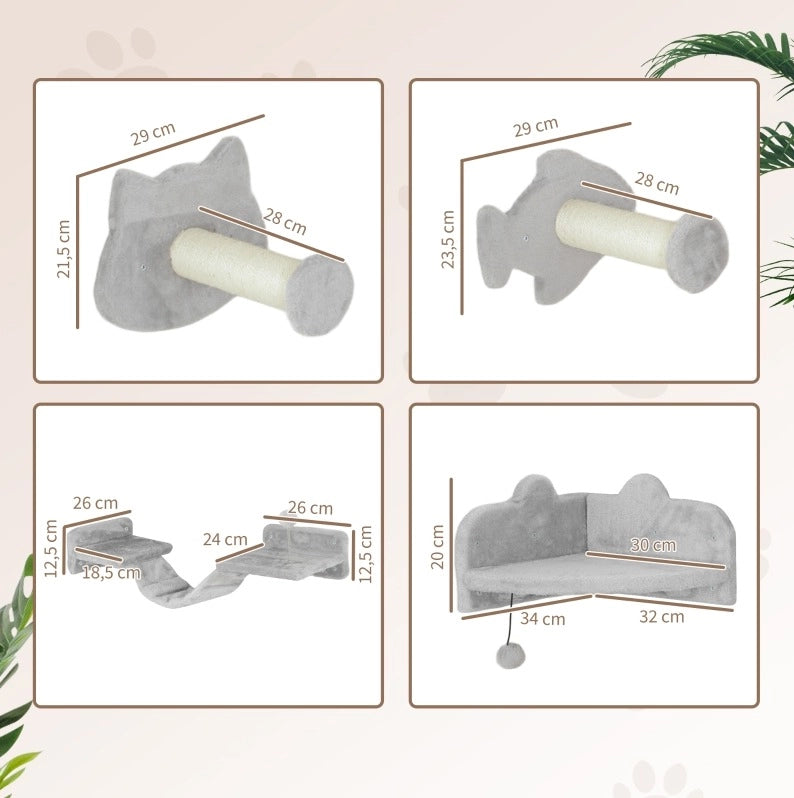 Set da parete per gatti con piattaforme e scala grigio chiaro