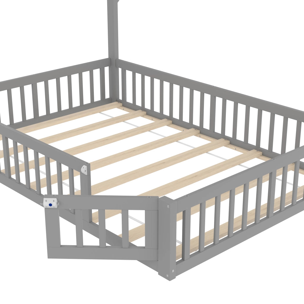 OKWISH Letto Bambini 140×190 cm, Letto Matrimoniale con Sponda di Sicurezza e Design a Camino, senza Materasso, in Pino, Grigio