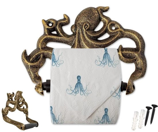 Decorazione per il water di gesso, decorazione octopus per la stanza da bagno, accessorio per la stanza da bagno nautico, inclusi viti e anelli – oro e nero
