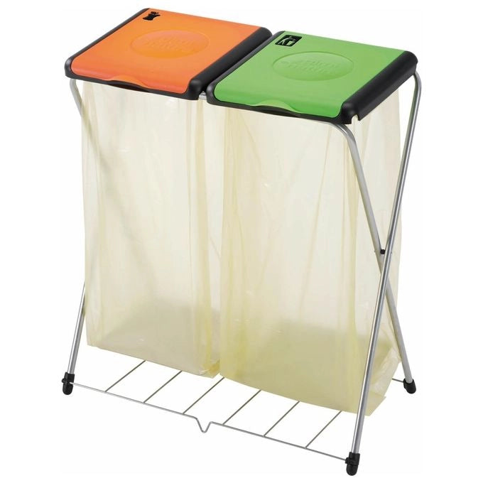 Gimi 1653020201001 Nature Plus 2 Portarifiuti Raccolta Differenziata 2 Coperchi Griglia Reggisacco 130 L Acciaio Resina colore Verde Arancione