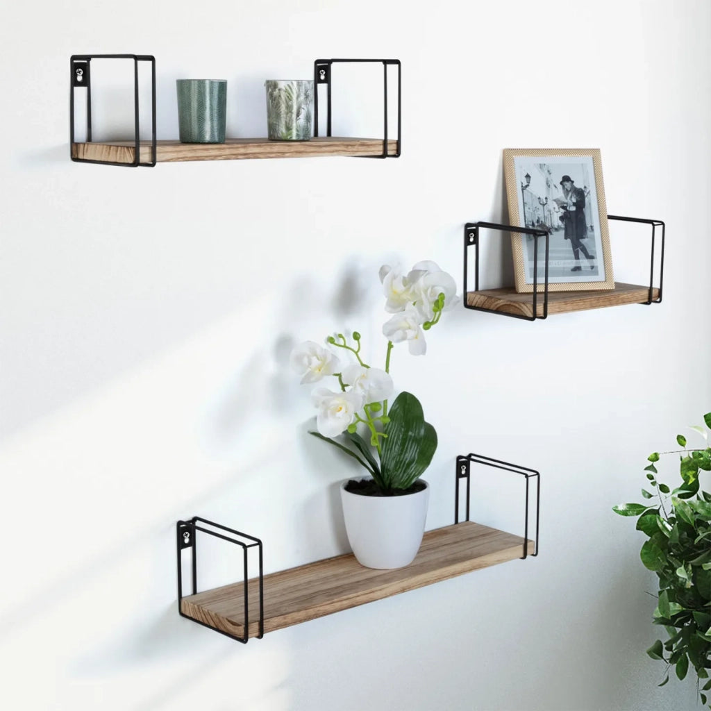 IDMarket - Set di 3 mensole da parete LILY, legno e metallo, design industriale