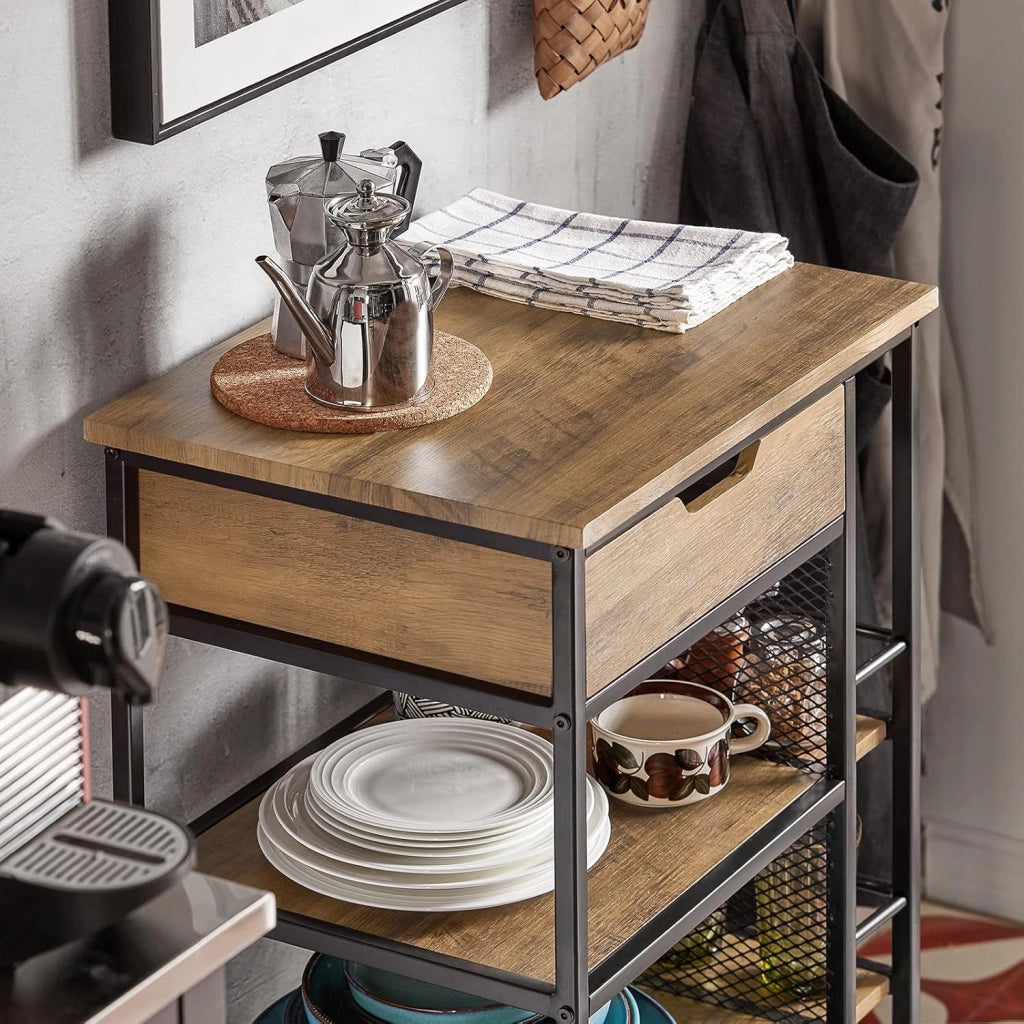 Carrello Cucina con Ruote, Mobiletto Cucina Salvaspazio con 1 Cassetto, 3 Ripiani e Ripiani Laterali, Credenza Cucina o Bagno, Mobiletto Cucina Dispensa Stile Vintage 50 x 37 x 87 cm FKW99-N