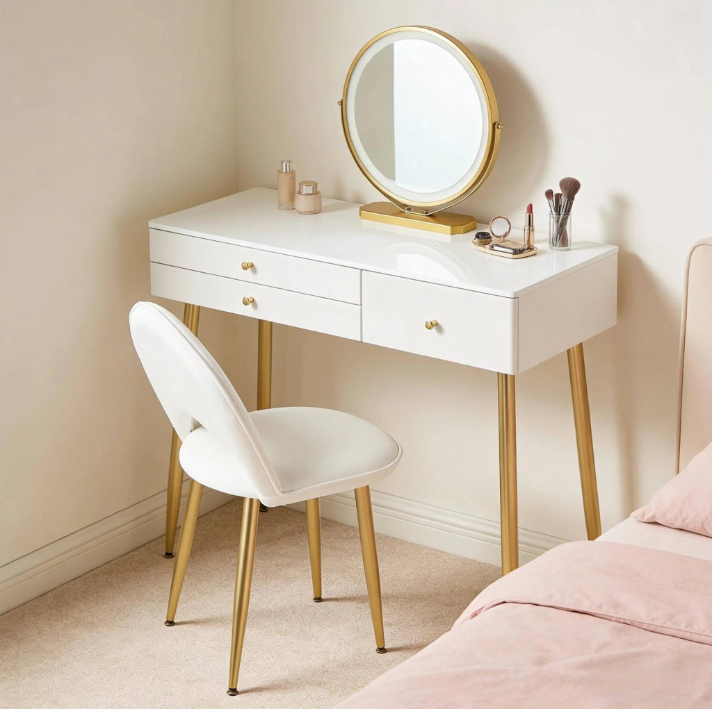 Tavolo trucco con specchio LED, 3 cassetti e sedia