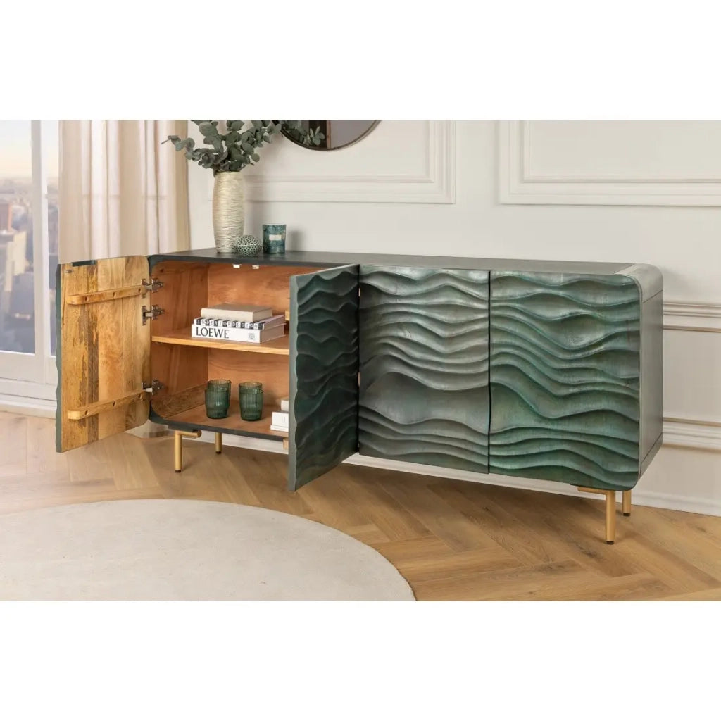 Buffet ONDARA 160 cm – Legno Massiccio Verde Scolpito – Piedi Dorati – Design Contemporaneo