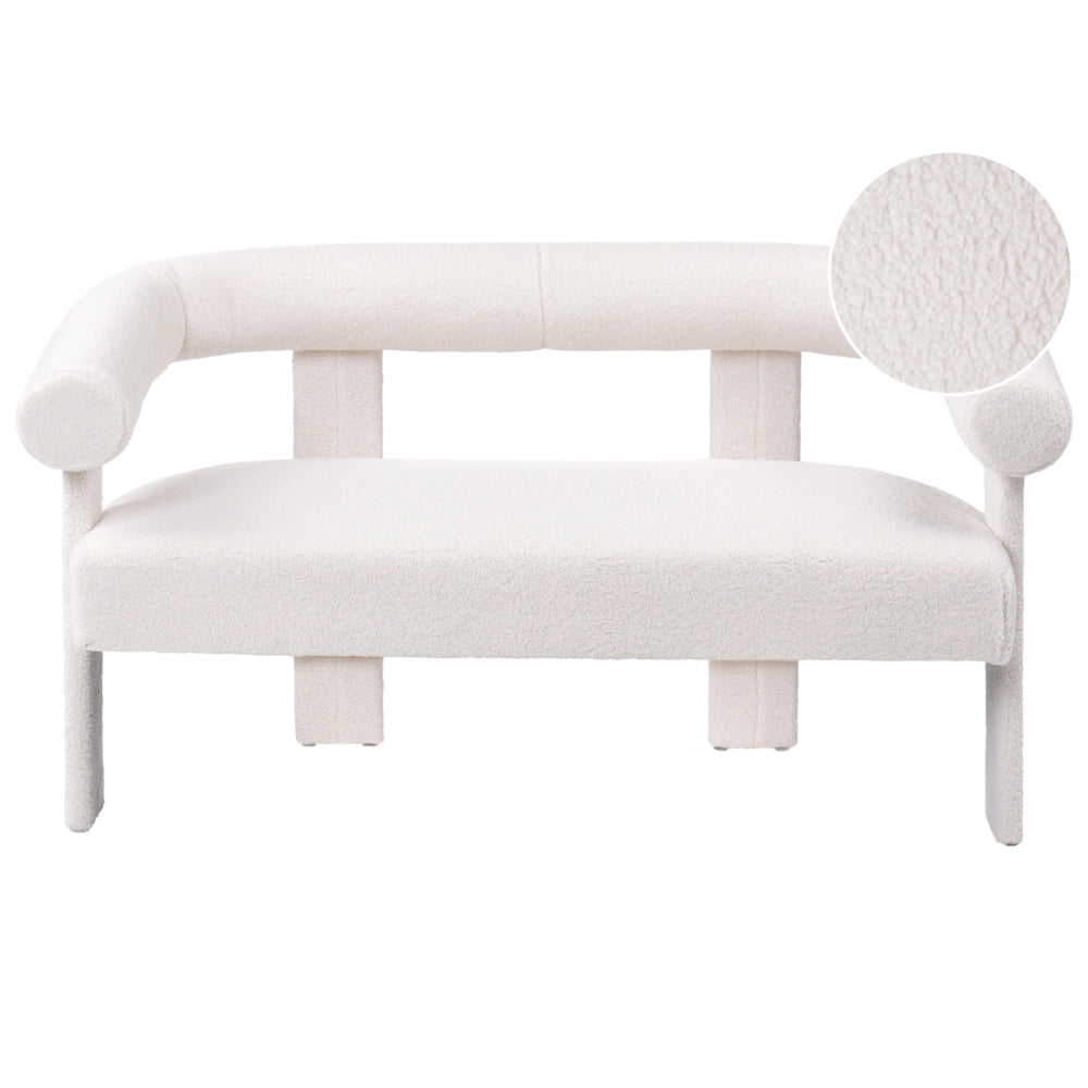 Divano a 2 posti morbido tessuto Boucle bianco sporco stile retrò vintage gambe in legno
