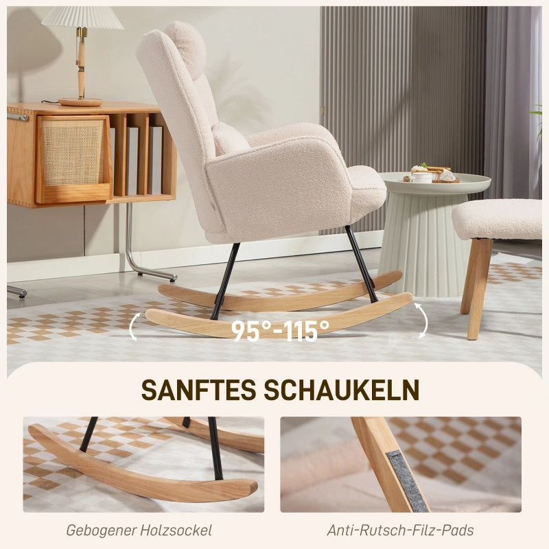 Poltrona a dondolo con poggiapiedi e cuscino schienale alto in poliestere e acciaio con gambe in legno beige