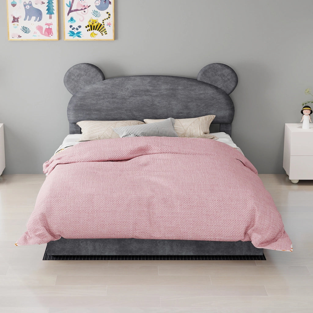 Letto imbottito con testiera sagomata e contenitore pneumatico; 140x200 cm; grigio