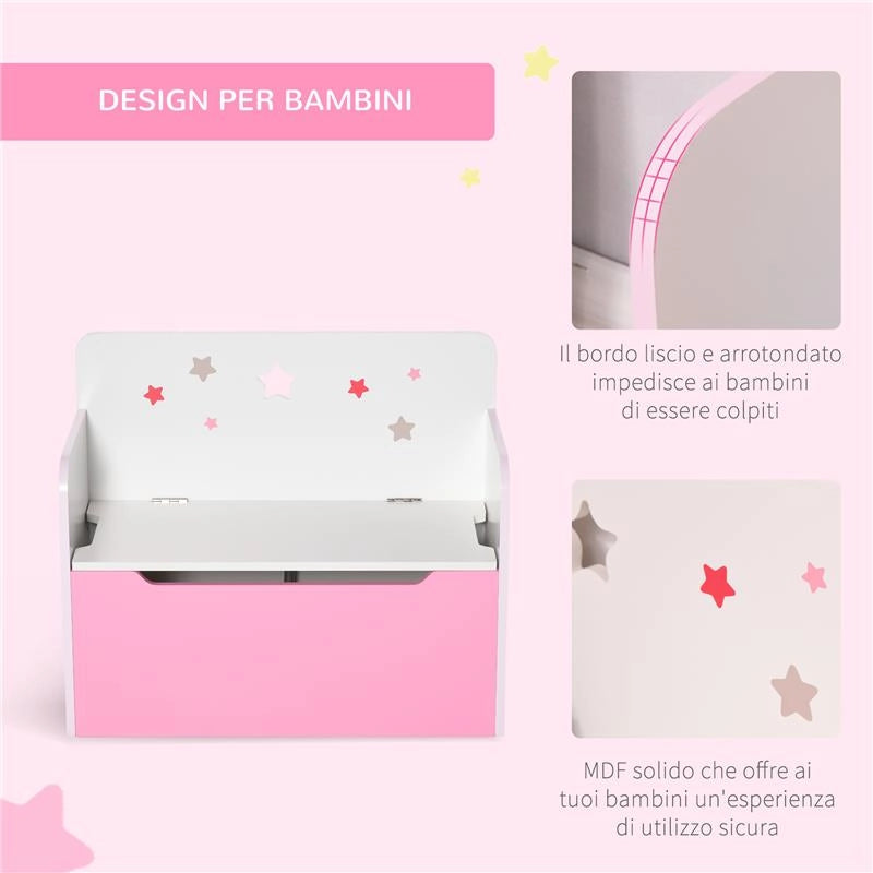 PANCA CONTENITORE CON SCHIENALE IN LEGNO PER BAMBINI DA 3-6 ANNI 60X30X50 CM ROSA