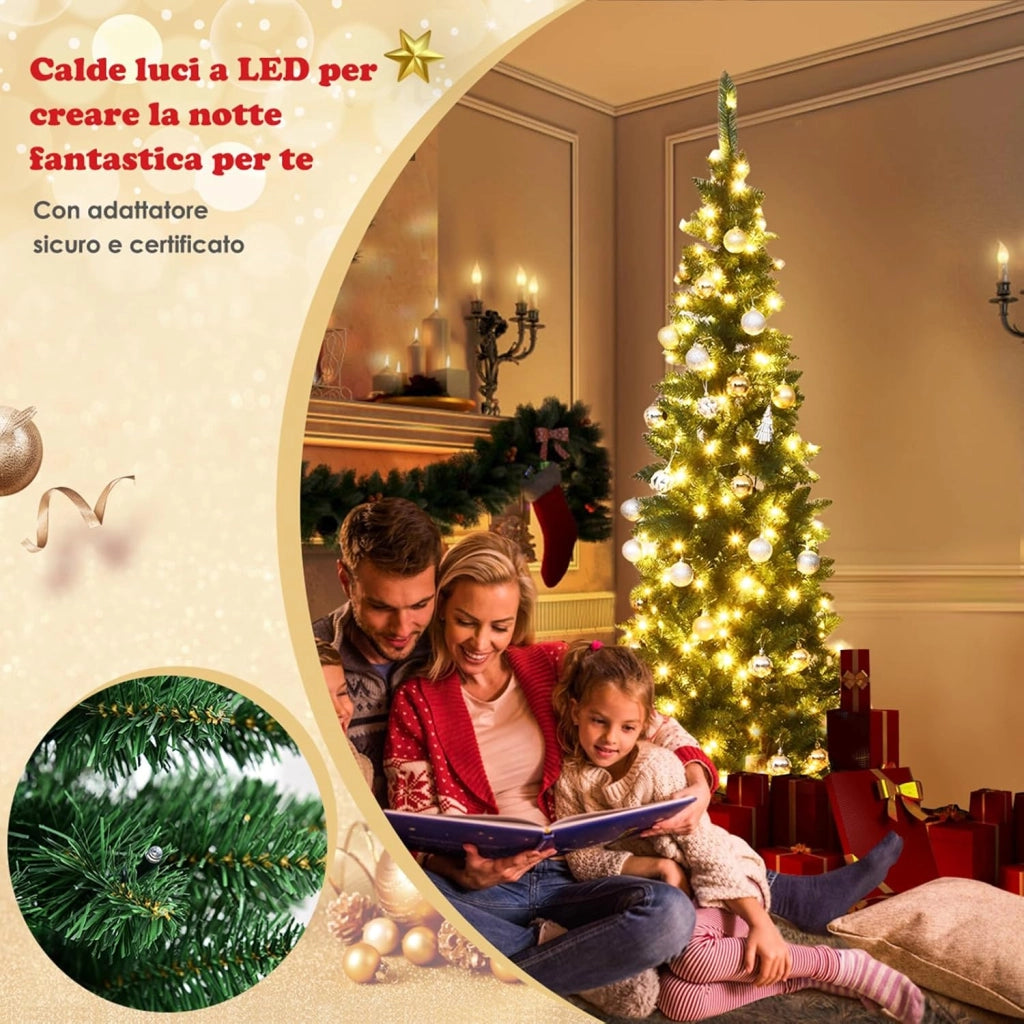 Albero di Natale 135/200/225 cm, Albero di Natale Slim con 150/250/350 Luci a LED Calde, 226/708/1085 Rami Folti e Base di Metallo, Albero di Natale con Luci Incorporate per Festa (200 cm)