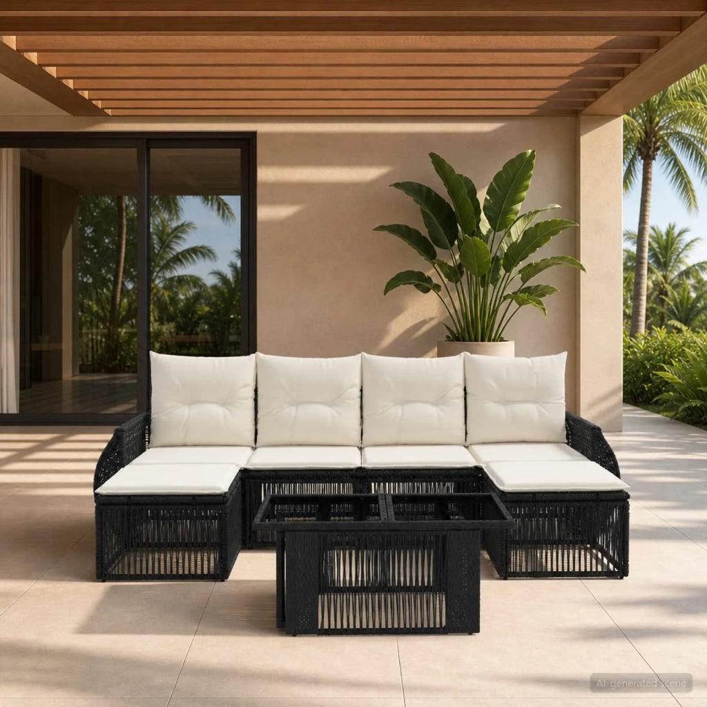 Set Divano da Giardino 7 pz Nero e Bianco Crema polyrattan 3436981