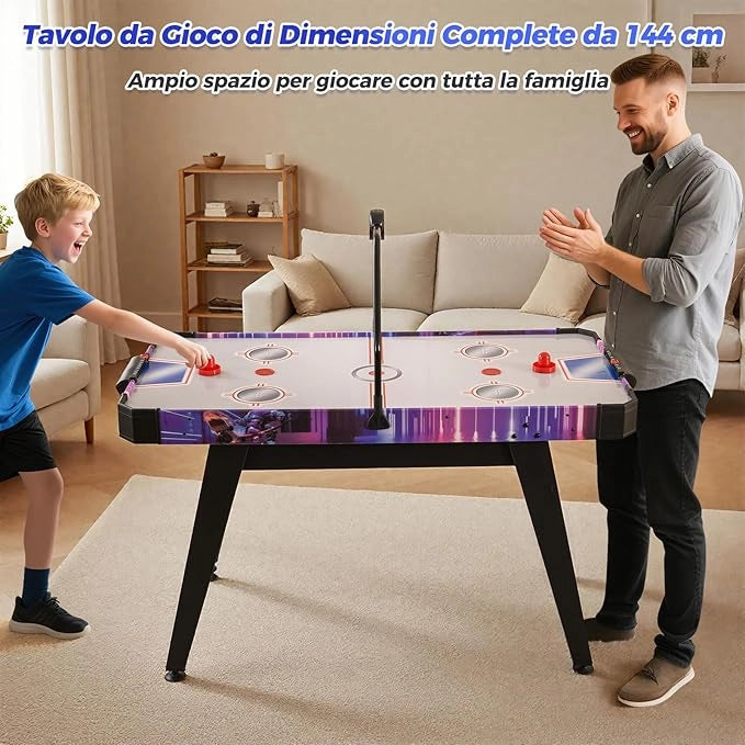 Tavolo Air Hockey, Tavolo da Gioco con Segnapunti Digitale LED 2 Spintori e 2 Dischi, 12V Potente Motore, per Casa Sala Giochi e Ufficio, 144 x 68 x 81 cm