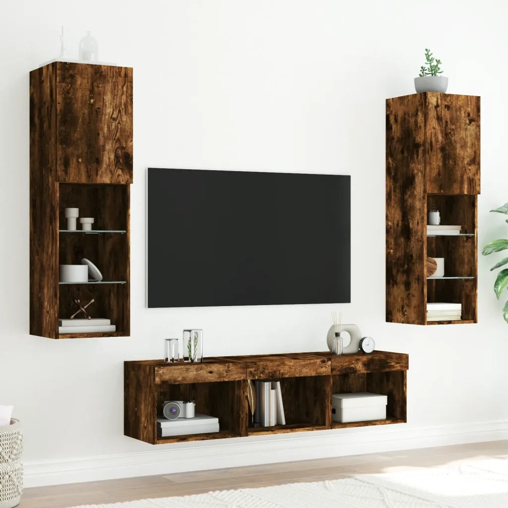 Mobili TV a Muro con LED 5pz Rovere Fumo in Legno Multistrato 3216608