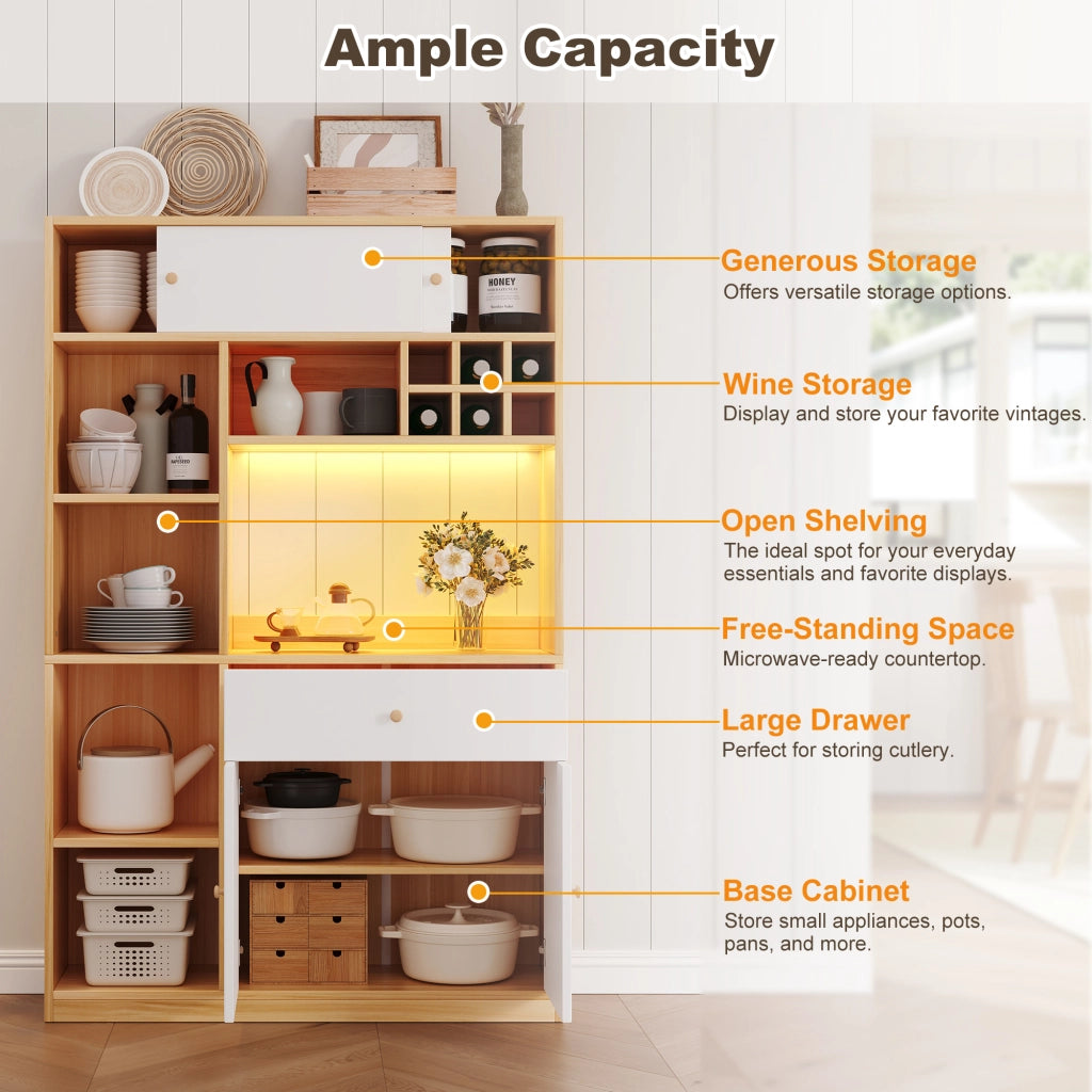 Credenza alta con LED, 1 cassetto, 3 ante e ripiani aperti, per cucina e soggiorno, bianco naturale, 115 × 35 × 180 cm