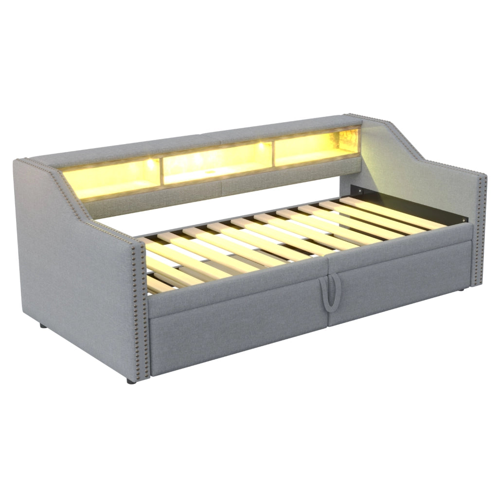 Divano letto imbottito ULEVR estraibile 90/180x200 cm con 3 vani, LED e USB, grigio chiaro