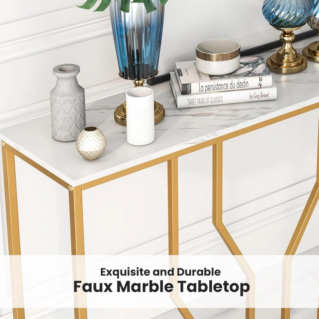 Tavolo Consolle Effetto Marmo, Tavolo d'ingresso con Struttura Geometrica in Metallo, Tavolino da Divano Bianco Oro, 110x30x80 cm