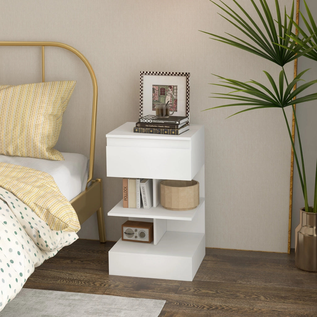 EasyComfort Comodino Moderno in Truciolato e MDF con un Cassetto e 2 Ripiani, 39x39x65 cm, Bianco
