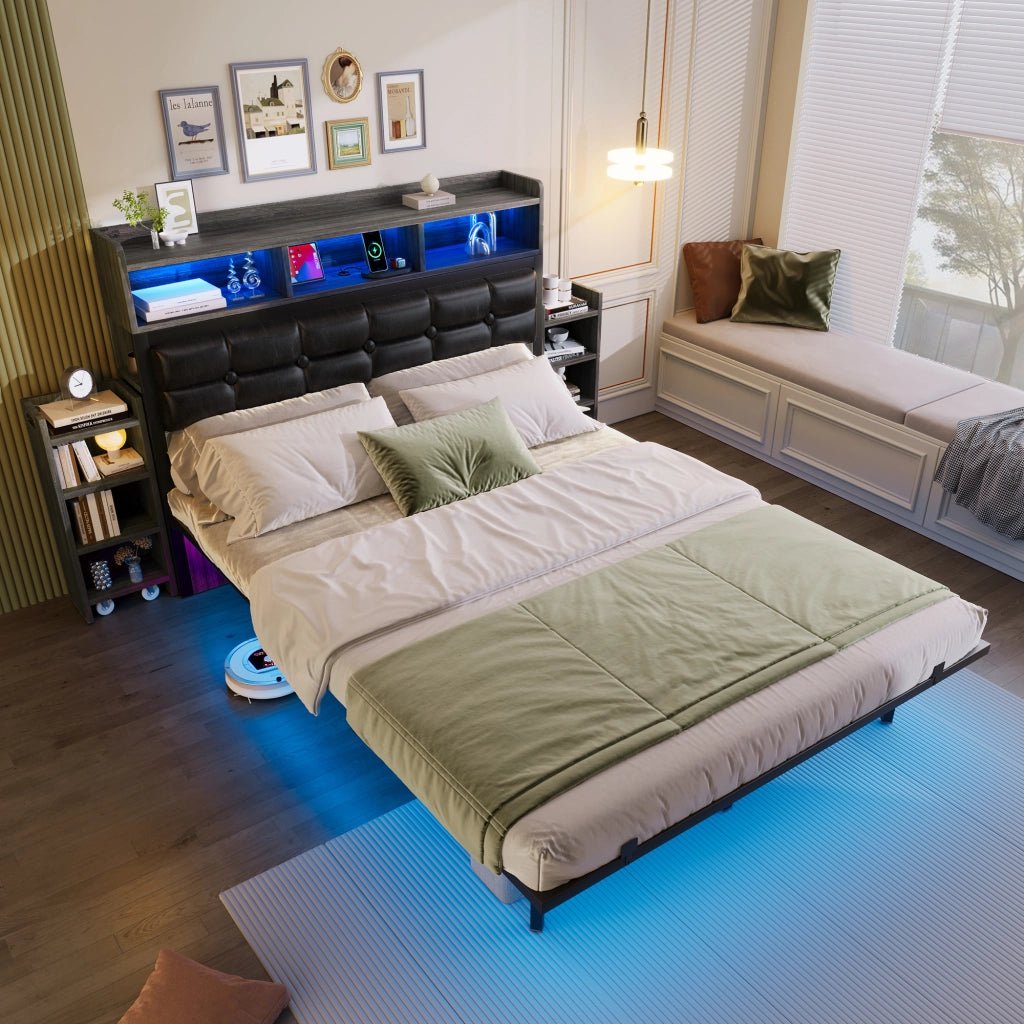 Letto matrimoniale 140 × 190 cm con LED, 2 comodini estraibili, USB e Type-C, senza materasso, in metallo, grigio