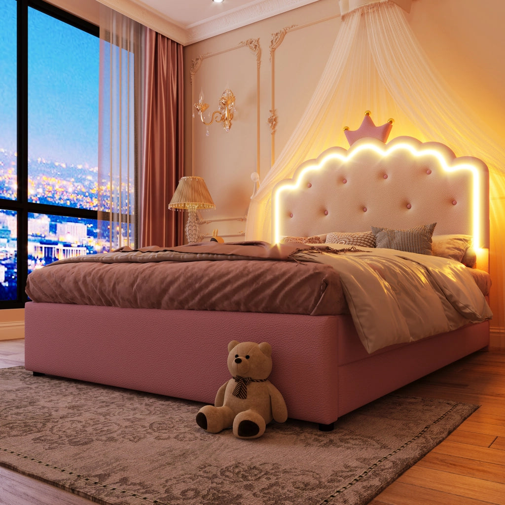 OKWISH Letto con Cassetti 140×200 cm, Letto Matrimoniale con LED Regolabile, Letto estraibile e 2 Cassetti, senza Materasso, in PU, Rosa
