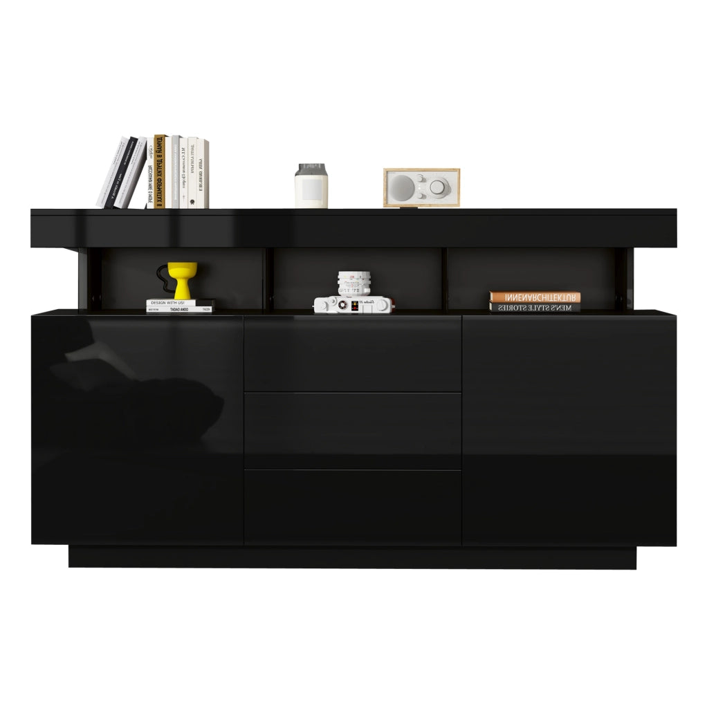 Credenza 140x35x80 cm con LED; 3 cassetti e vani aperti in truciolare e acrilico nero
