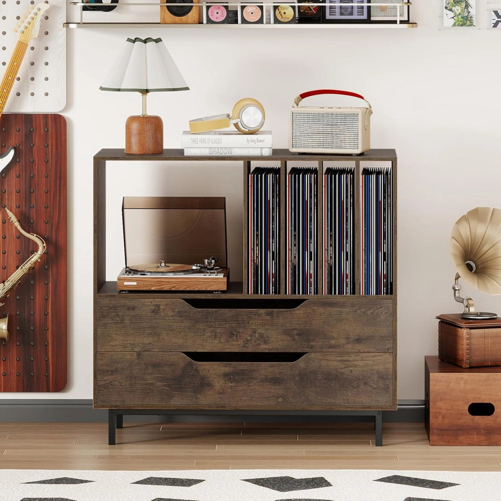 Supporto per Giradischi, Porta Dischi Vinile con 4 Ripiani per Vinili e 2 Cassetti, Armadio per Dischi Fino a 250 Album, per Soggiorno, Studio e Camera da Letto, 91 x 35 x 87 cm (Marrone)