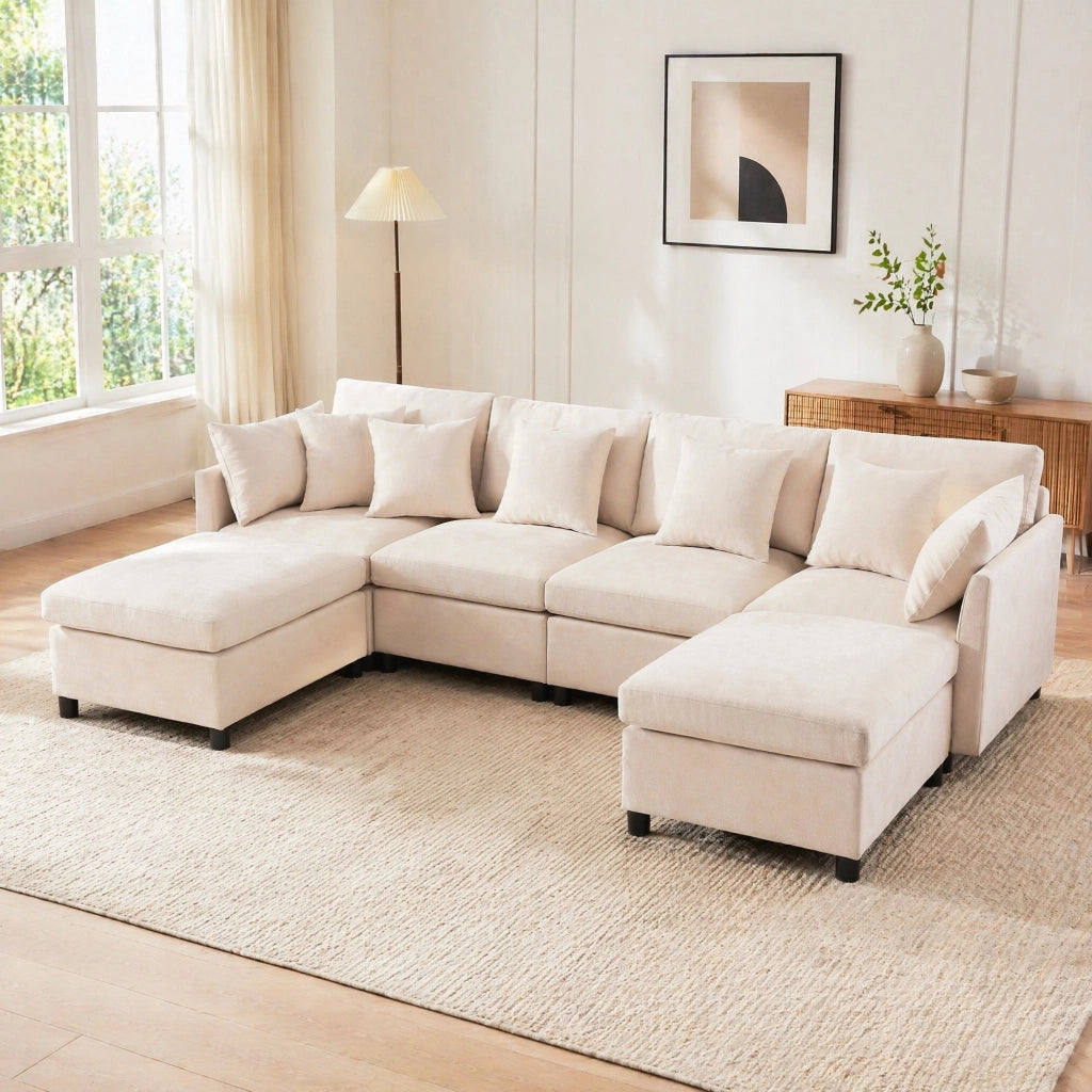 SOFA Modulare 278x161x81 cm in Chenille Beige con 2 pouf e 6 cuscini
