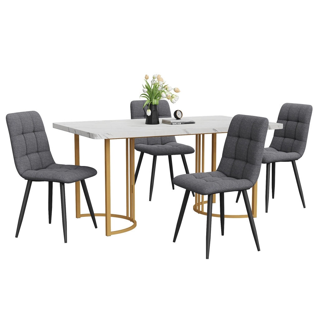 Tavolo da pranzo per 4 persone con 4 sedie, piano in MDF effetto marmo, struttura in metallo, per cucina, bianco