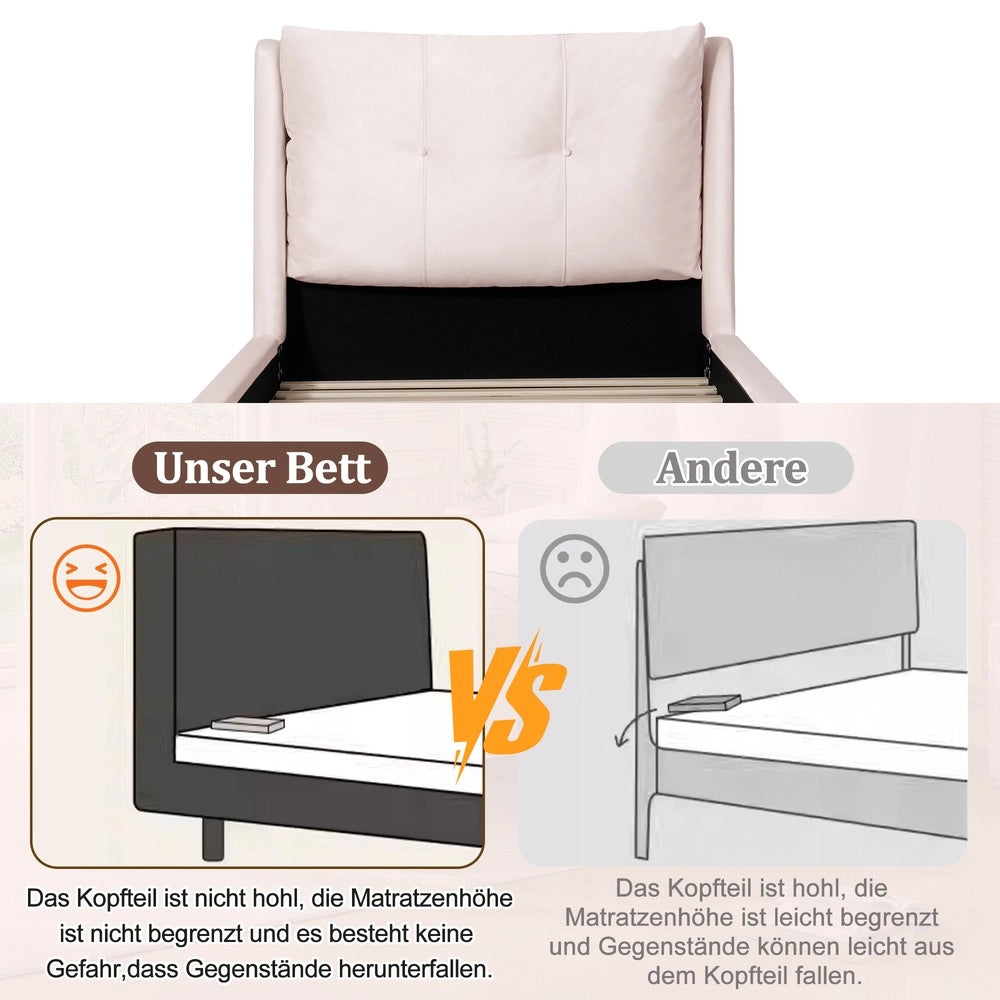 Letto Singolo Imbottito con Testiera in Velluto e Doghe ¨C MINIMAL ¨C Rosa 90x200