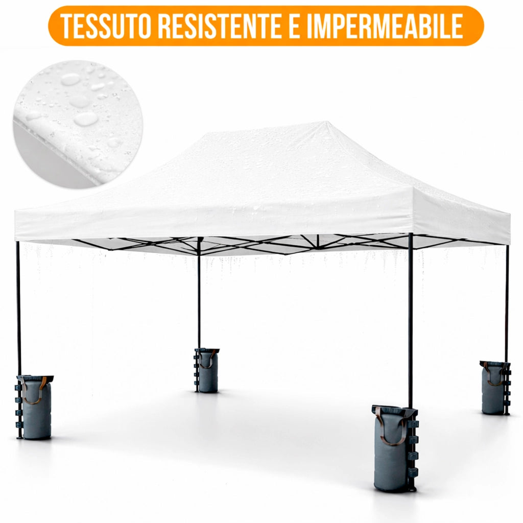 Gazebo Professionale Con Struttura A Fisarmonica Richiudibile Automatico In Acciaio E Telo Oxford 1200D PVC Impermeabile E Anti UV Dotato Di Sacche Zavorra E Borsa Trasporto Per Sagre Feste Eventi 3x4.5 M Bianco