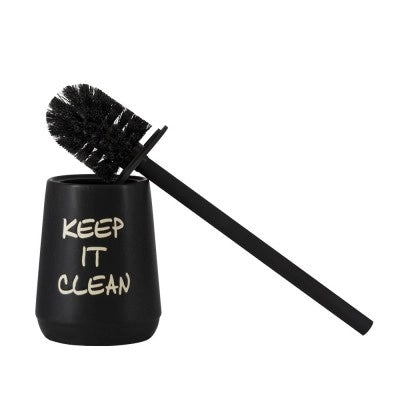 Portascopino da appoggio linea Wash in ceramica nero opaco con scritte