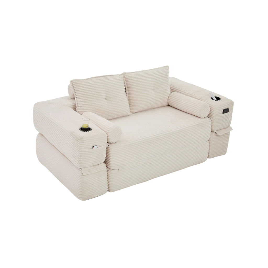 Divano letto modulare in velluto a coste beige con portaoggetti