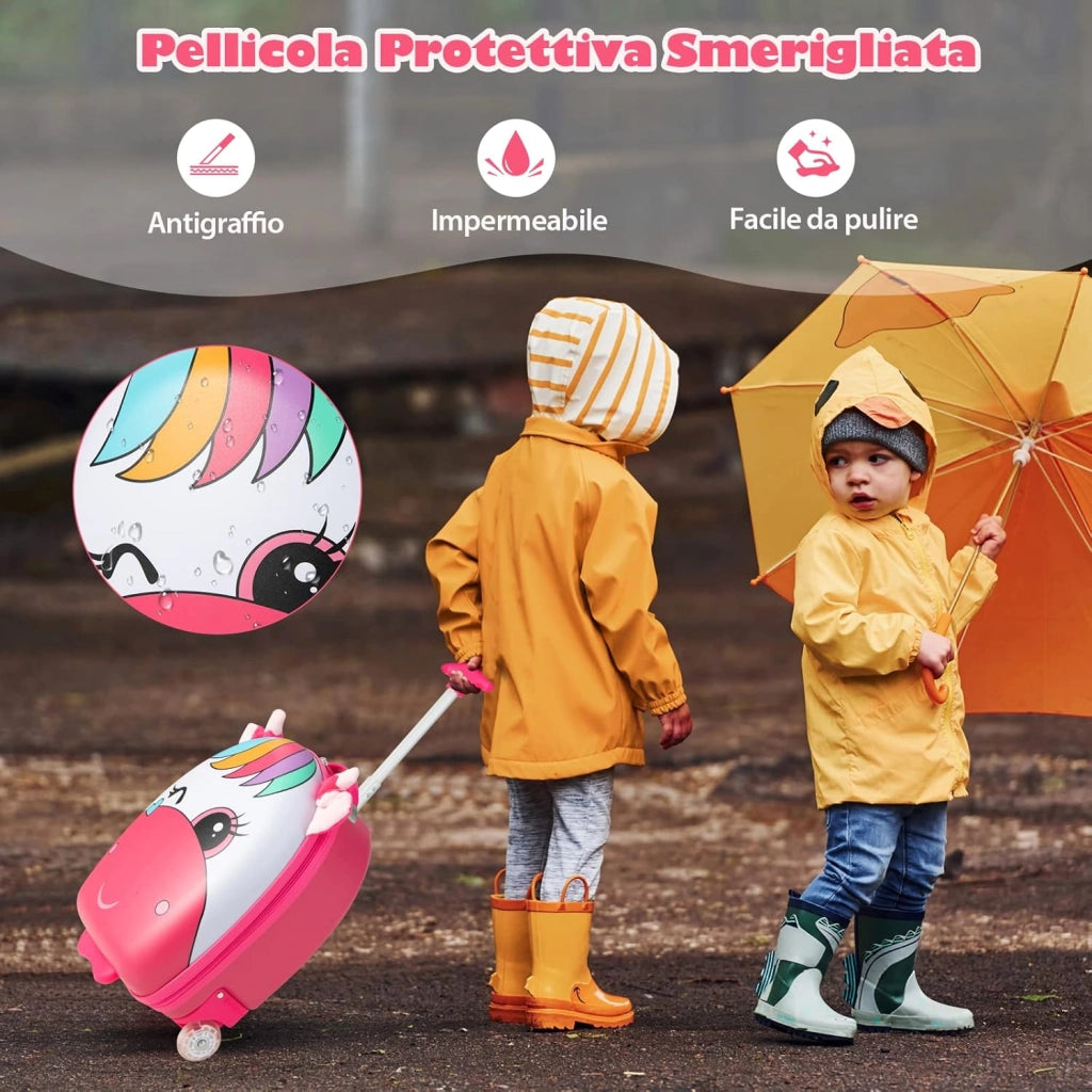 Valigia per Bambini da 16" con Ruote illuminate, Valigia con Manico Telescopico in Alluminio, Regalo per Bambini, 33 x 22 x 45 cm (unicorno(4))