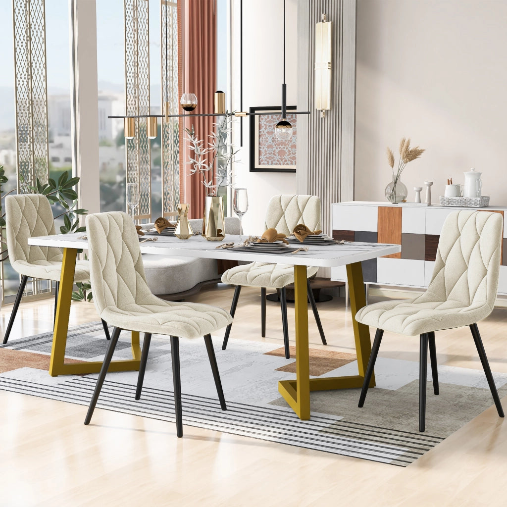 Set Tavolo da Pranzo con 4 Sedie Imbottite ¨C Xylo ¨C Velluto Beige, Gambe Dorate, 117x68 cm
