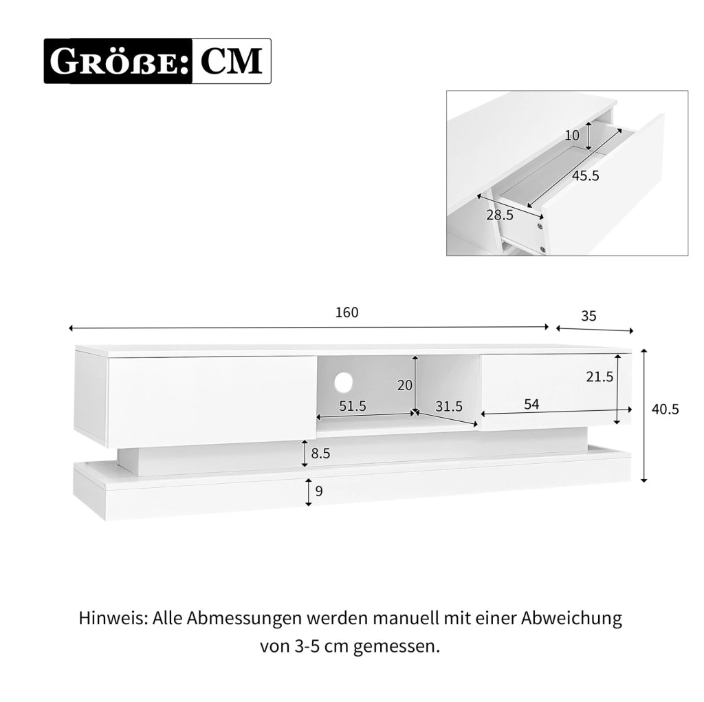 Mobile TV bianco lucido 160 cm con LED RGB, 2 cassetti e controllo app