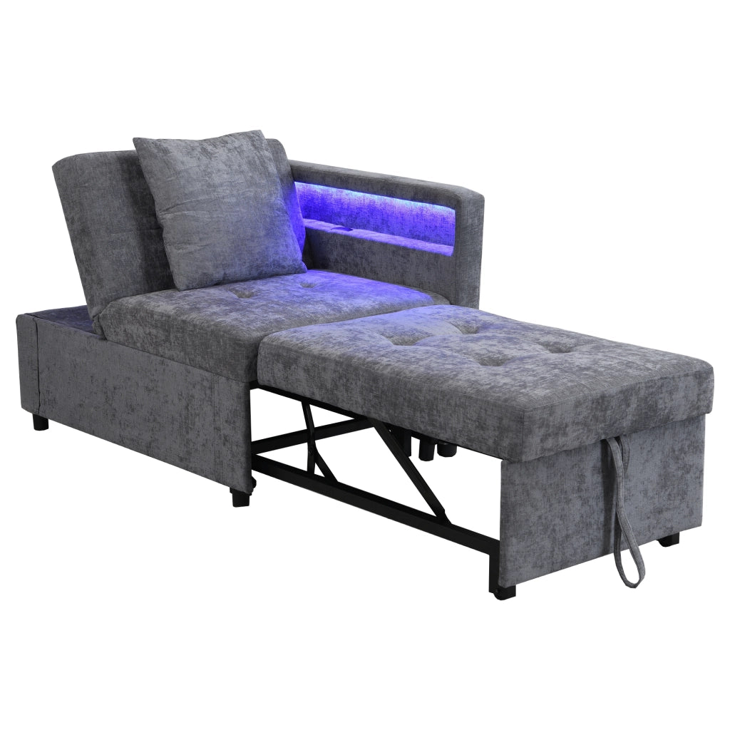 Divano Letto Convertibile 3 In 1 con Schienale Regolabile 5 Posizioni; LED e Porte USB Tipo C; in Tessuto Grigio Chiaro